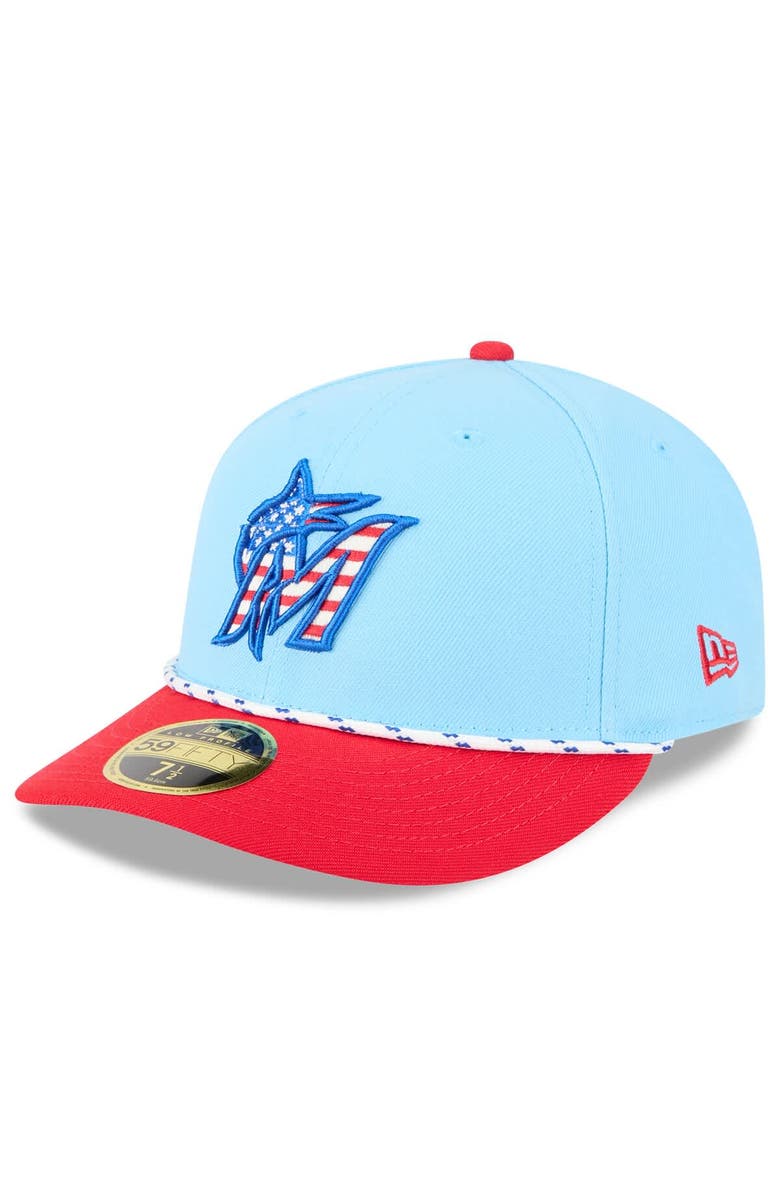 New Era Men's New Era Light Blue/Red Miami Marlins 2025 Fourth of July Low Profile 59FIFTY Fitted Hat, Alternate, color, Light Blue