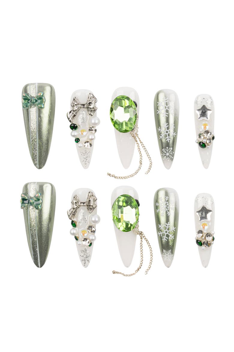 Snowflake Jewel - Long Stiletto Press-On Nails, Main, color, Green/White