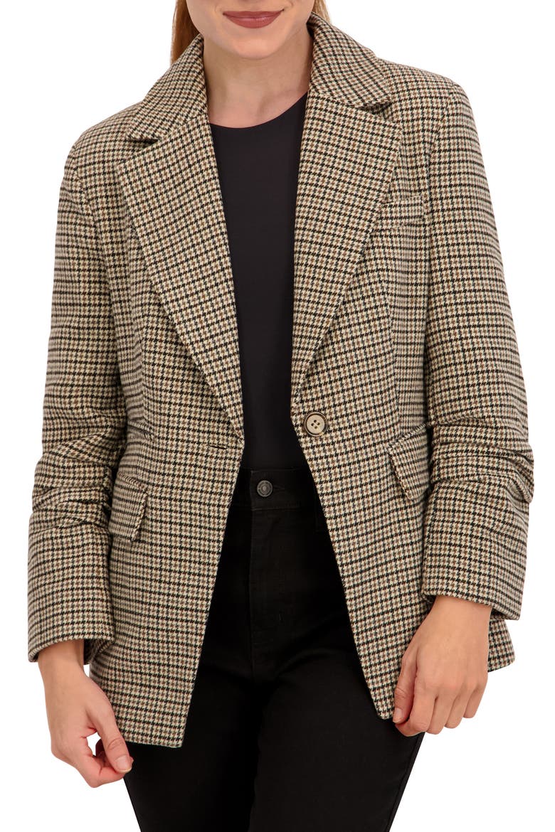 Houndstooth Ruched Sleeve Blazer, Main, color, CAMEL/ BROWN/ BLACK