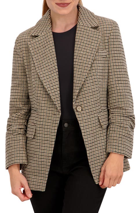 Houndstooth Ruched Sleeve Blazer