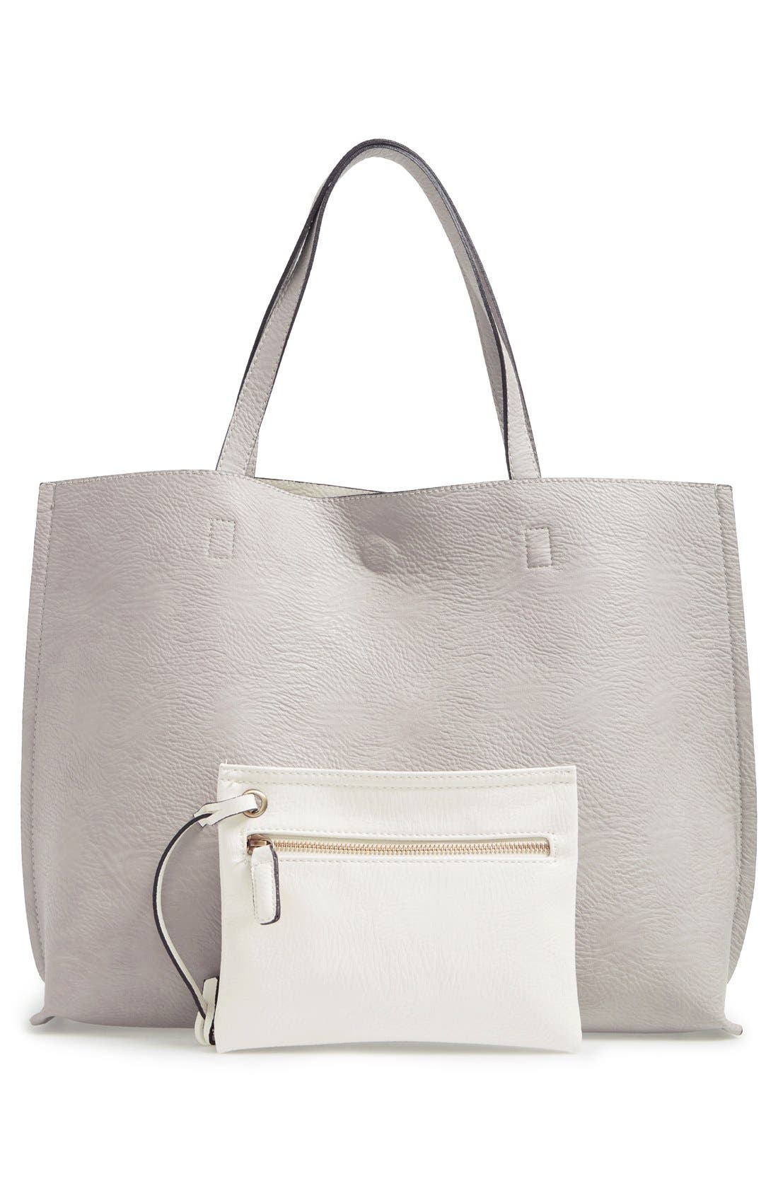 Reversible Faux Leather Tote & Wristlet, Main, color, GREY/ IVORY