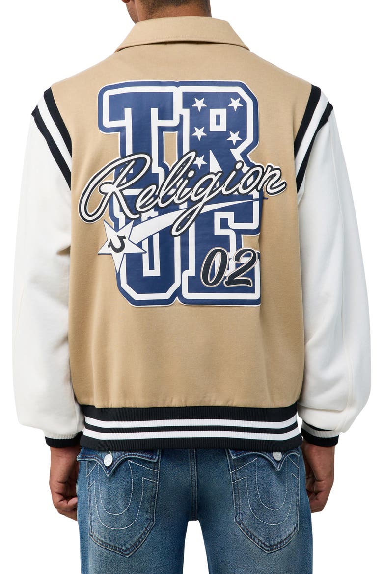 MFG Fleece Varsity Jacket, Alternate, color, TRAVERTINE/ WINTER WHITE