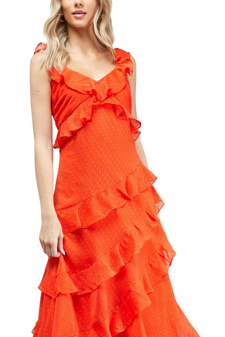 Dobby Ruffle V-Neck Tiered Midi Dress, Alternate, color, Orange