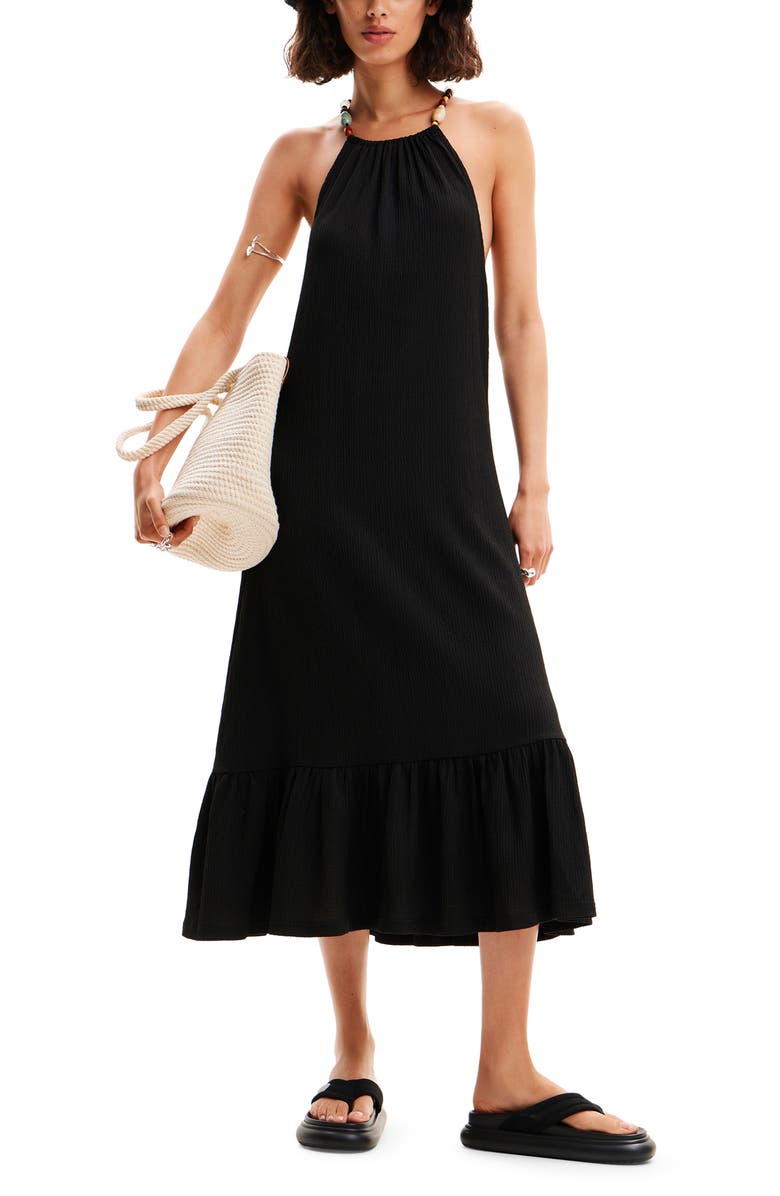 Desigual Beaded Strappy Midi Dress, Alternate, color, Black