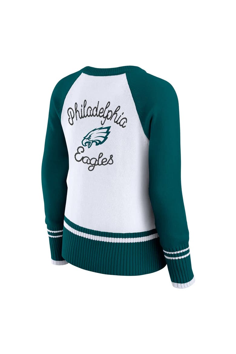 Women's WEAR by Erin Andrews White/Midnight Green Philadelphia Eagles Colorblock Raglan Sweater, Alternate, color, White