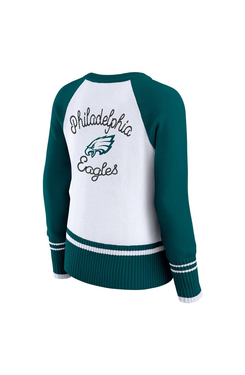 WEAR by Erin Andrews Women
s WEAR by Erin Andrews White/Midnight Green Philadelphia Eagles Colorblock Raglan Sweater, Alternate, color, White