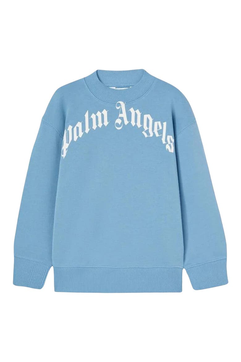 Kids' Curved Logo Sweatshirt, Main, color, DUSTY BLUE/ OFF WHITE