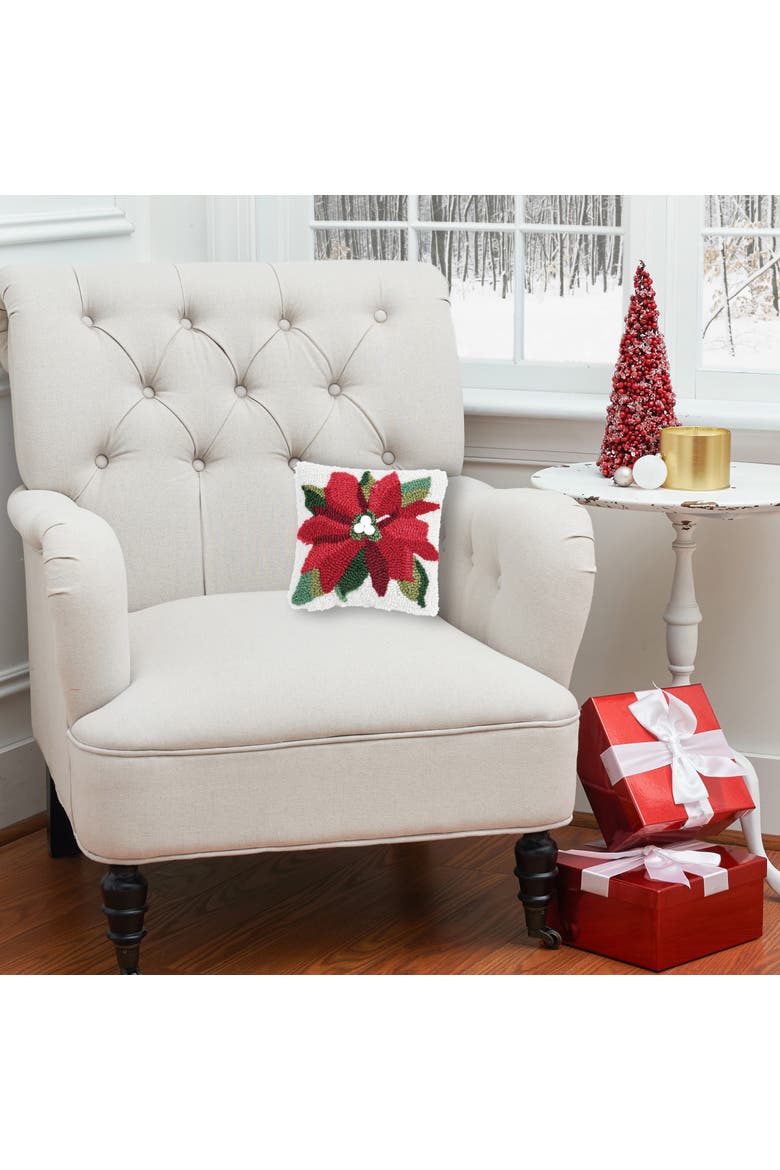 Poinsettia Christmas Hooked Mini Accent Pillow 8" x 8", Alternate, color, Green