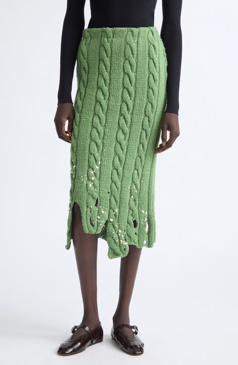 Distressed Wool Blend Cable Stitch Sweater Skirt