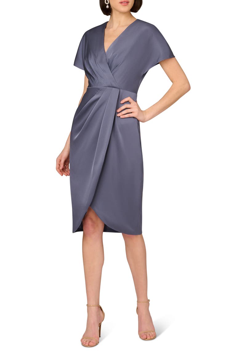 Pleat Front Crepe Back Satin Cocktail Dress, Main, color, STORMY SKY