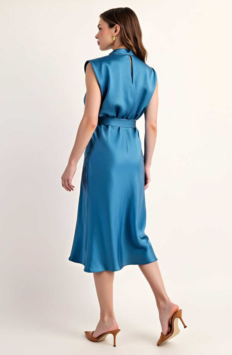 Modenaire Sleeveless Satin Midi Dress with Cowl Neck and Waist Tie Detail, Alternate, color,