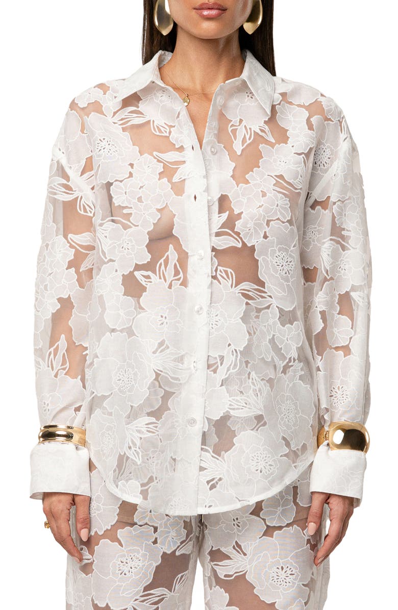JLUXLABEL Embroidered Floral Cotton Blend Organza Button-Up Shirt, Main, color, Ivory