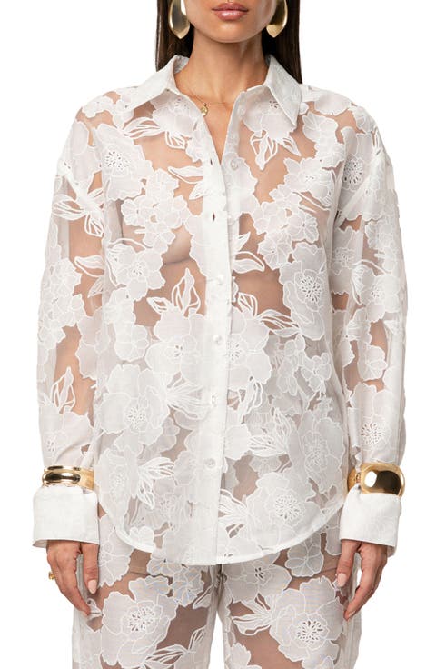 Embroidered Floral Cotton Blend Organza Button-Up Shirt