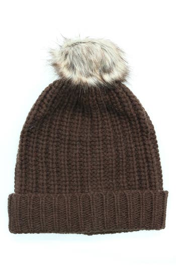 Portolano Chunky Wool Blend Beanie With Faux Fur Pompom In Brown