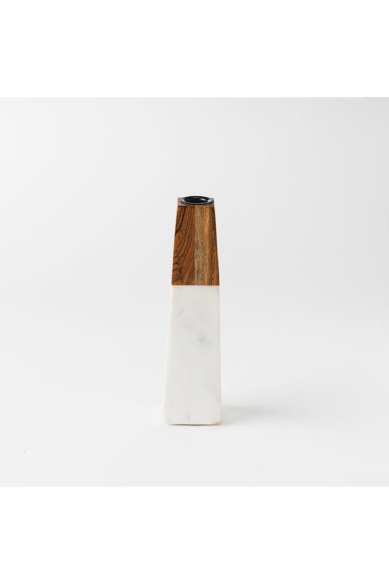 Tapered White Marble & Acacia Sculptural Candleholder, Main, color, White - Large