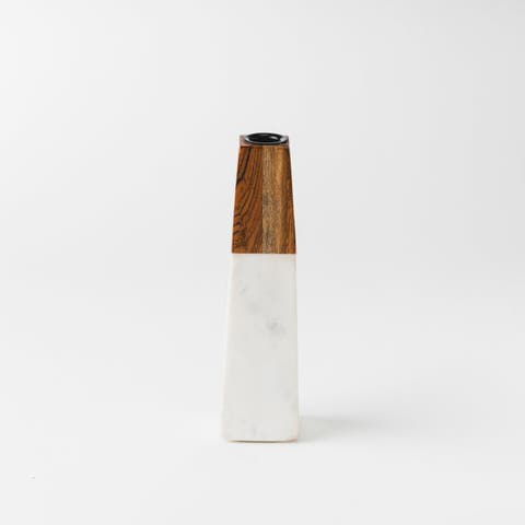 Tapered White Marble & Acacia Sculptural Candleholder