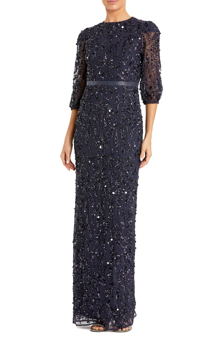 Mac Duggal Sequined Elbow Sleeve Gown, Main, color, Midnight