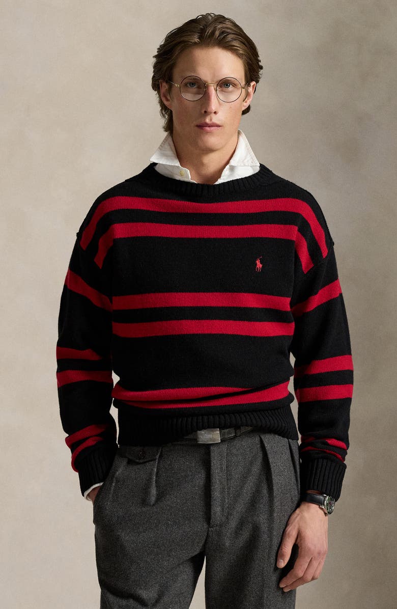 Polo Ralph Lauren Stripe Crewneck Wool Sweater, Alternate, color, Polo Black Combo