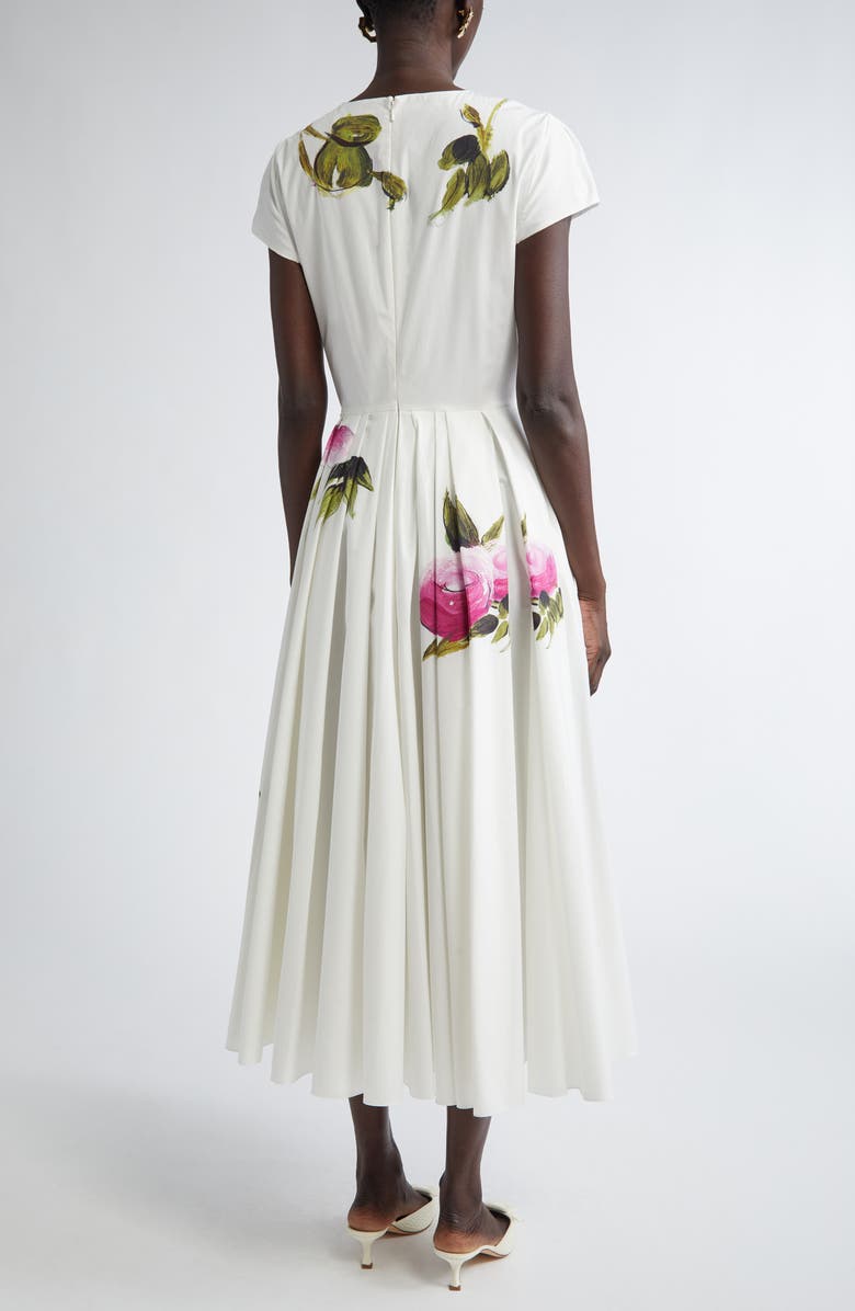 Oscar de la Renta Painted Roses Pleated Stretch Poplin Dress, Alternate, color, 