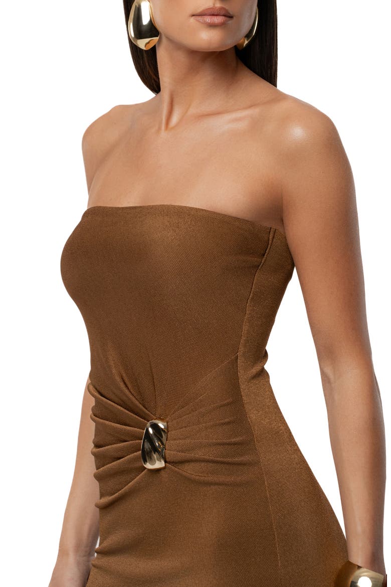 Celestial Drift Pleated Strapless Maxi Dress, Alternate, color, BROWN