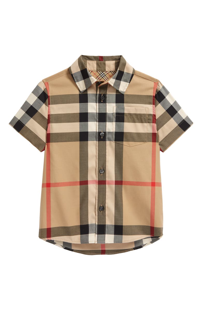 Burberry Kids' Owen Check Short Sleeve Button-Up Shirt, Main, color, 