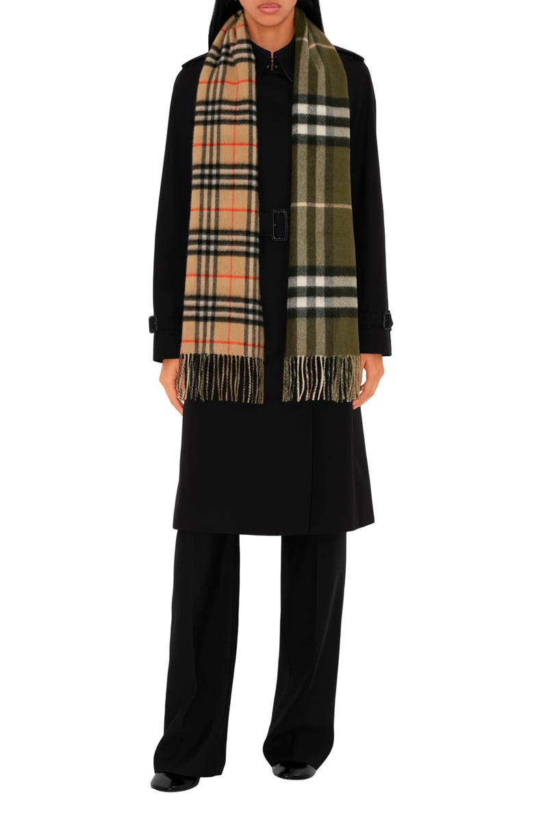 Burberry Reversible Check Cashmere Fringe Scarf, Main, color, 