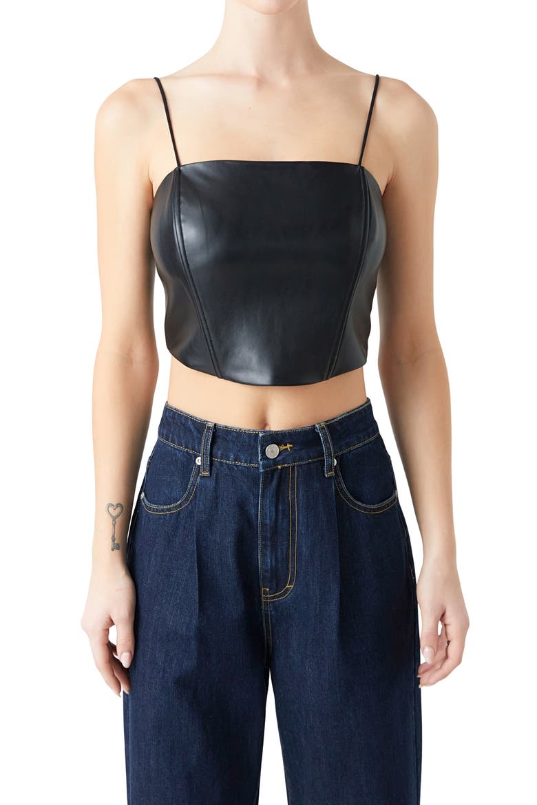 Faux Leather Crop Top, Alternate, color, BLACK