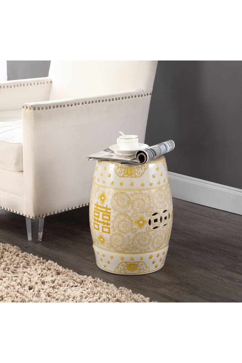 Double Happiness Traditional Ceramic Garden Stool, Indoor/Outdoor Chinoiserie Double Happiness Patio Drum Accent Side Table, Alternate, color, Yellow/White