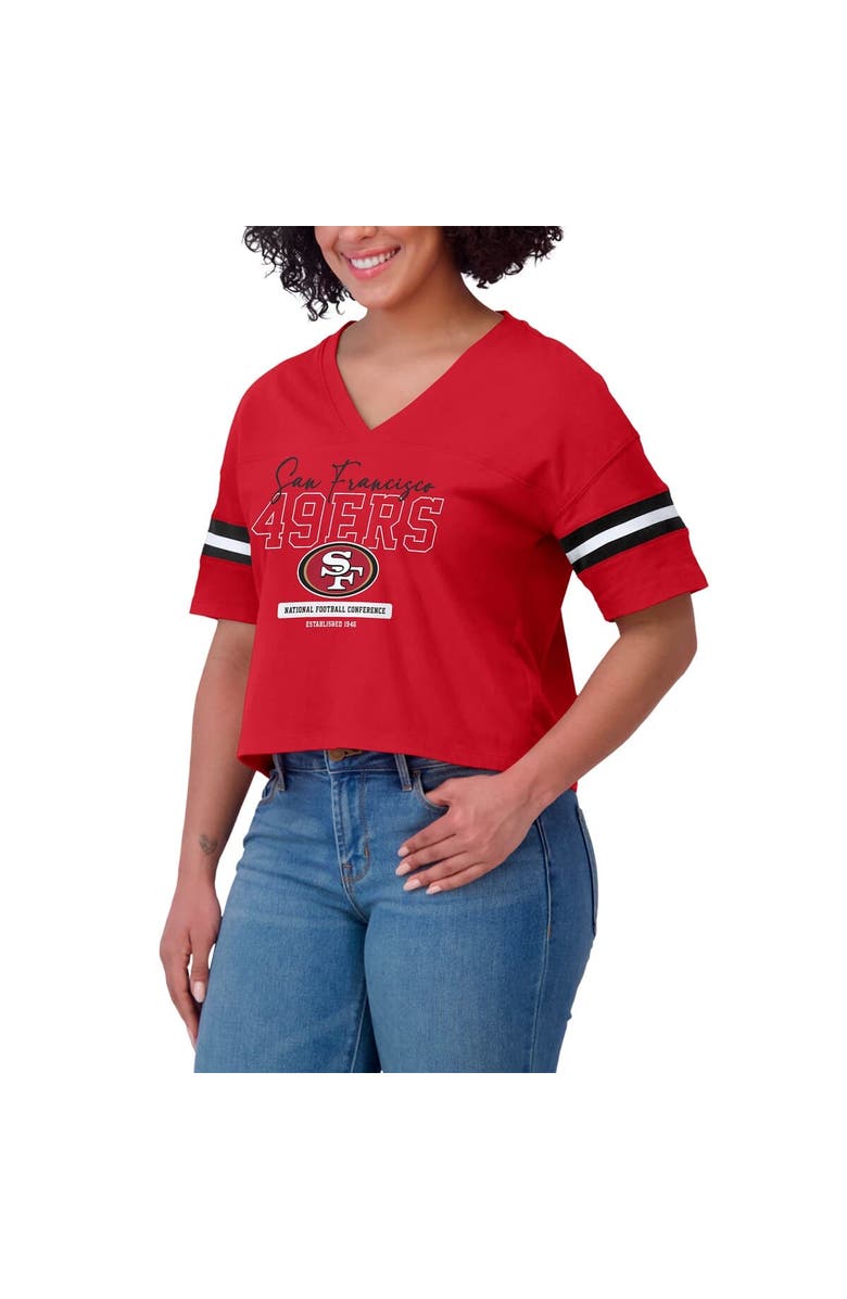 WEAR by Erin Andrews Women's WEAR by Erin Andrews Scarlet San Francisco 49ers Color Block Boxy Modest Crop V-Neck T-Shirt, Alternate, color, 