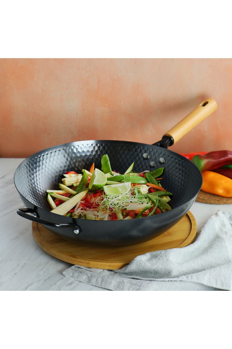 13.5in Nonstick Carbon Steel Wok with Wooden Handle, Alternate, color, Black