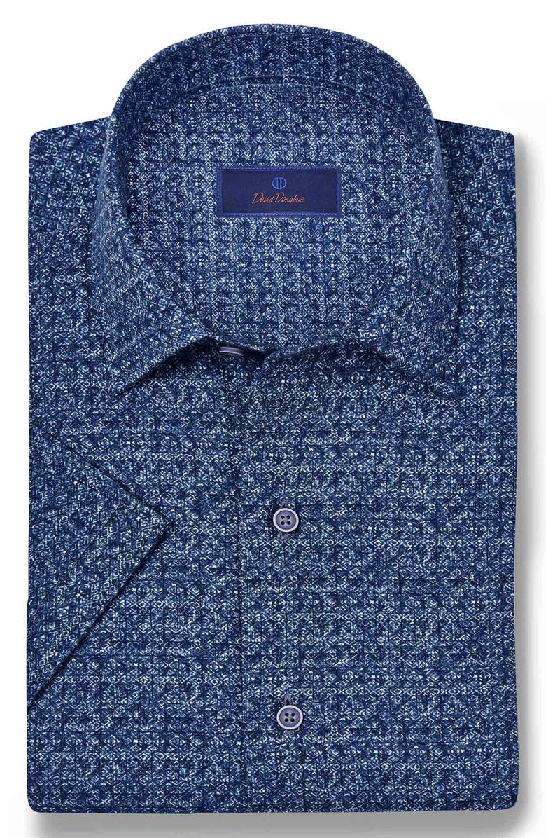 David Donahue Texture Print Short Sleeve Linen & Cotton Shirt, Main, color, Navy