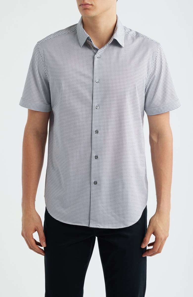 Bugatchi Miles OoohCotton<sup>®</sup> Neat Dot Print Short Sleeve Button-Up Shirt, Main, color, Platinum