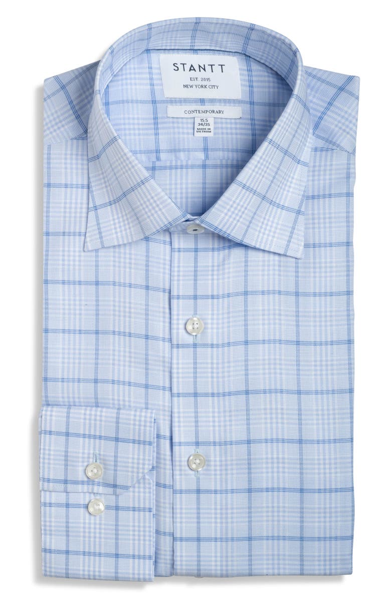 Stantt Contemporary Fit Check Wrinkle Resistant Cotton Dress Shirt, Main, color, Blue/ White