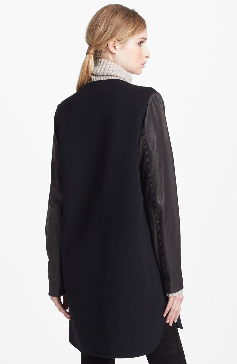 Vince Leather Sleeve Double Face Wool Coat, Alternate, color, 
