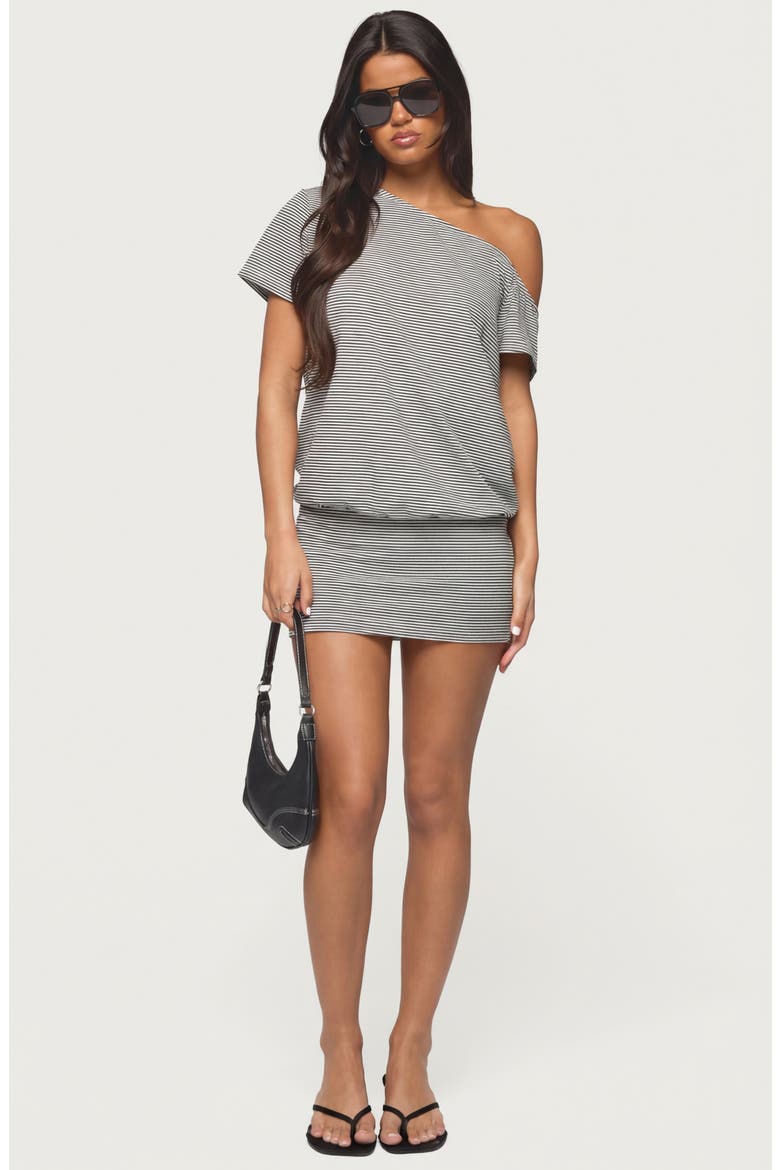 Stripe One-Shoulder Minidress, Alternate, color, BLACK-AND-WHITE
