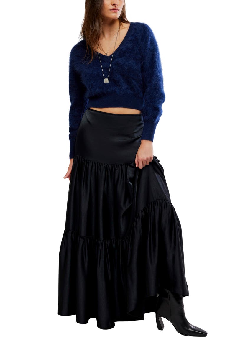 Juliette Satin Tiered Maxi Skirt, Alternate, color, BLACK
