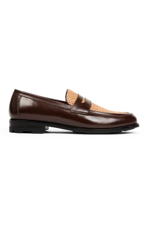 Anthony Veer Mercer Penny Loafer In Maple Brown Leather & Woven
