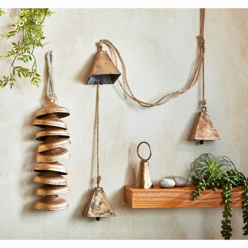 Tag Pyramid Temple Bells Jute Rope Swag Antique Brass Holiday Decor In Gold