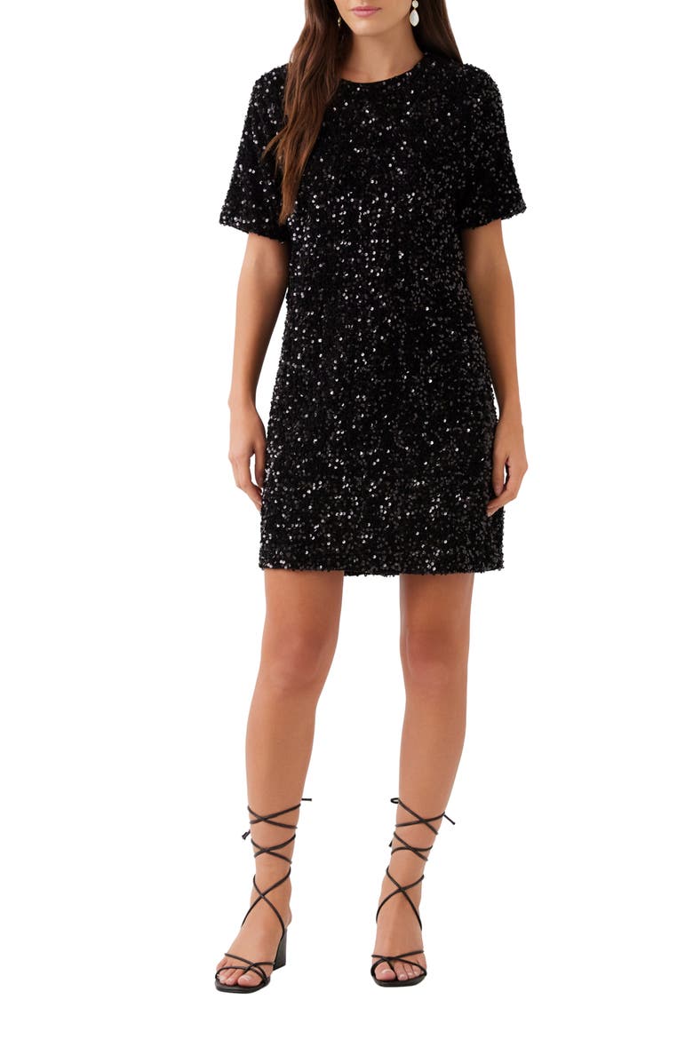 Velvet Sequin Shift Minidress, Main, color, BLACK