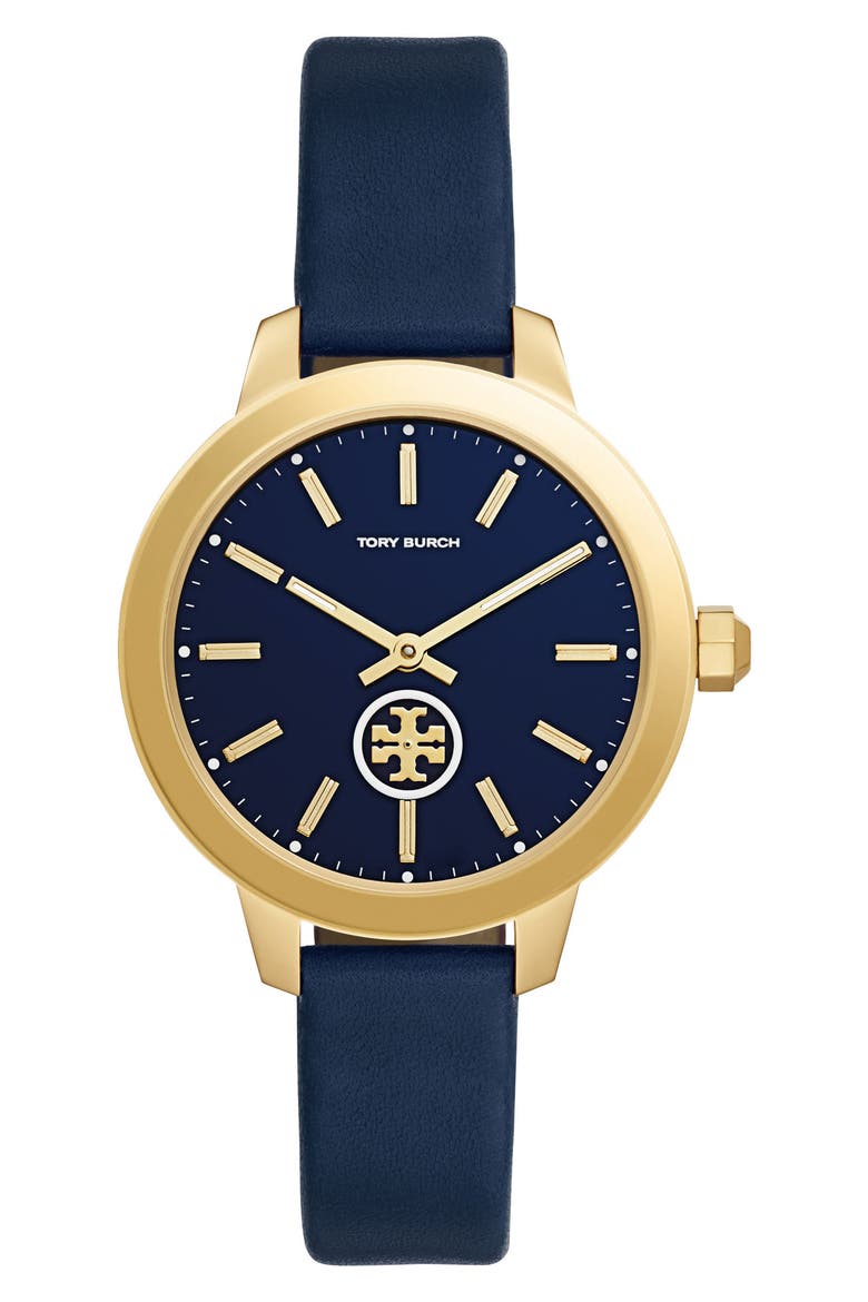 Collins Leather Strap Watch, 38mm, Main, color, NAVY/ GOLD