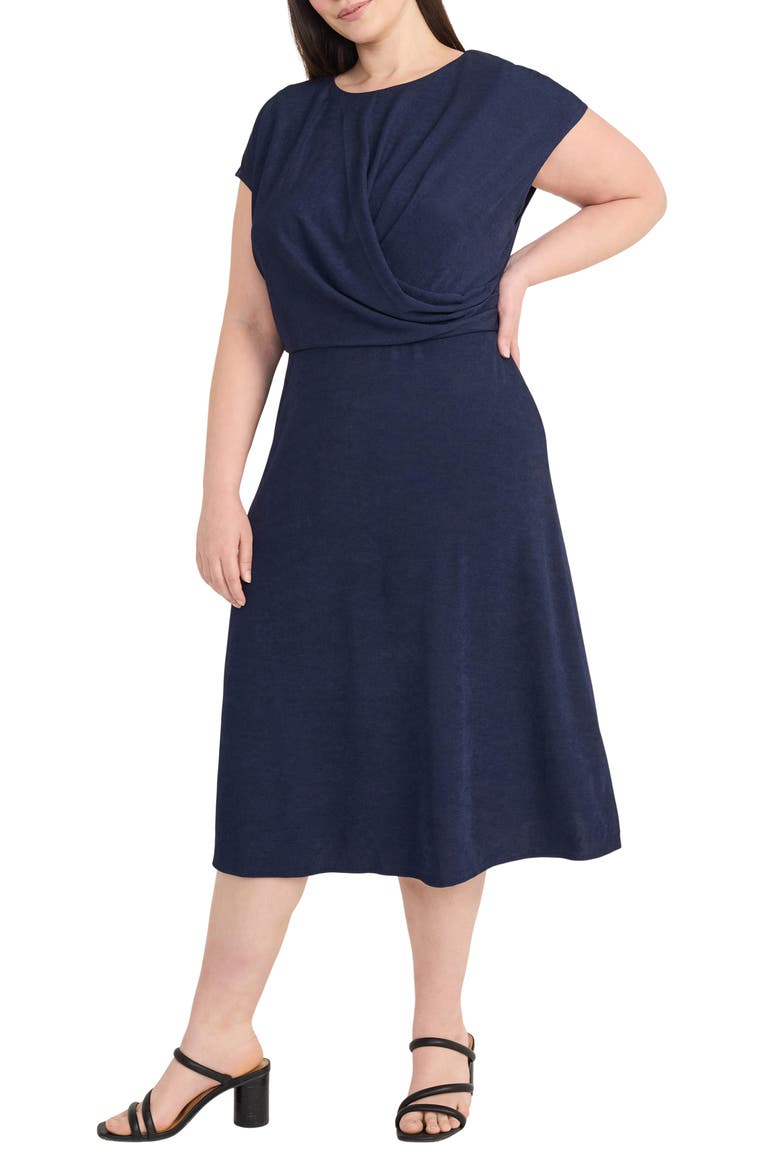 Draped Bodice Cap Sleeve A-Line Midi Dress, Alternate, color, NAVY BLAZER