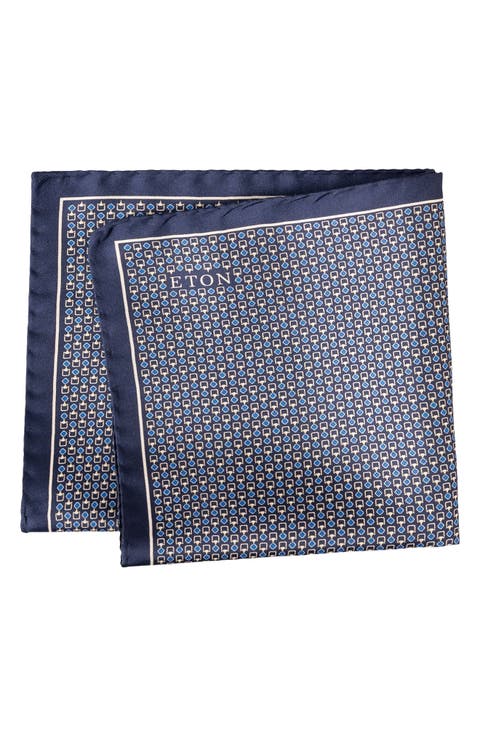 Navy Geometric Print Silk Pocket Square