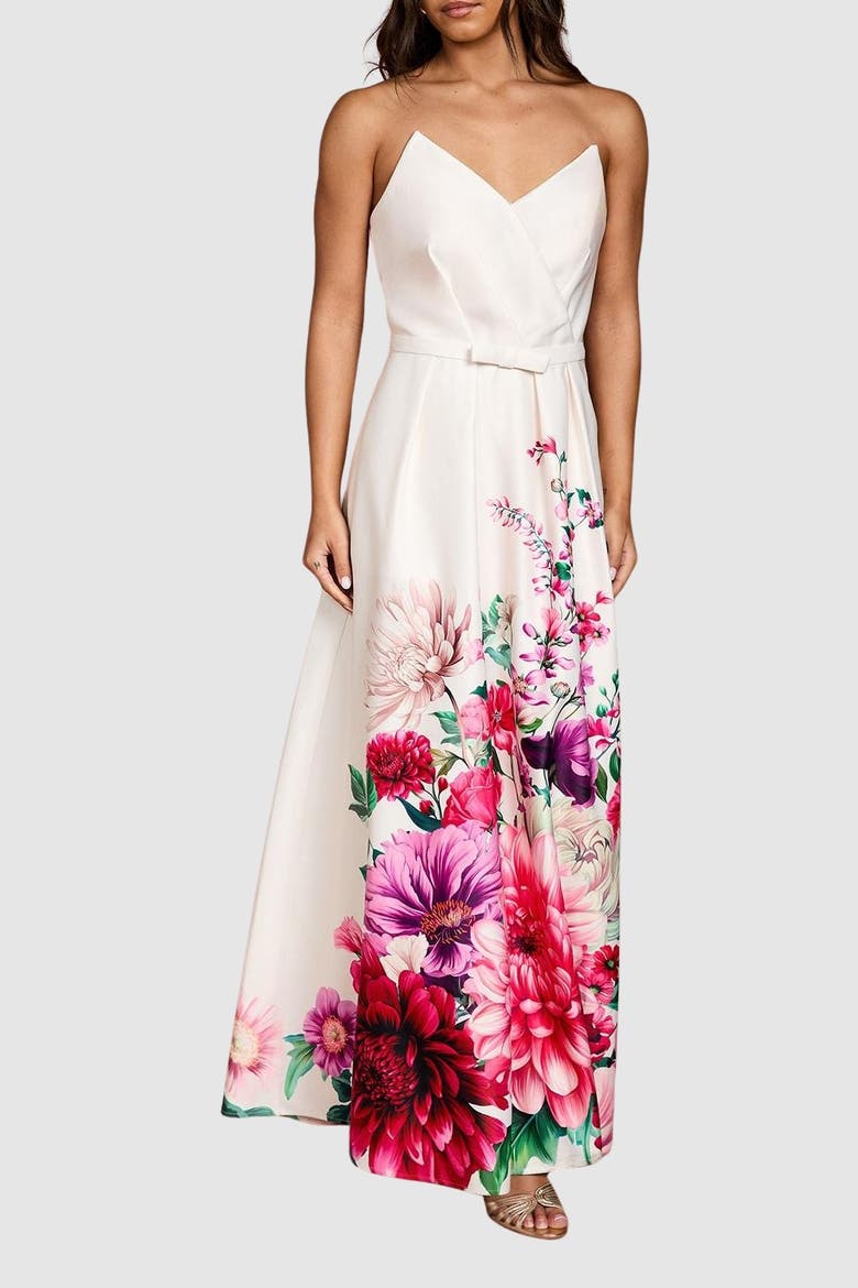 Wired Bandeau Border Print Maxi Dress, Alternate, color, Ivory