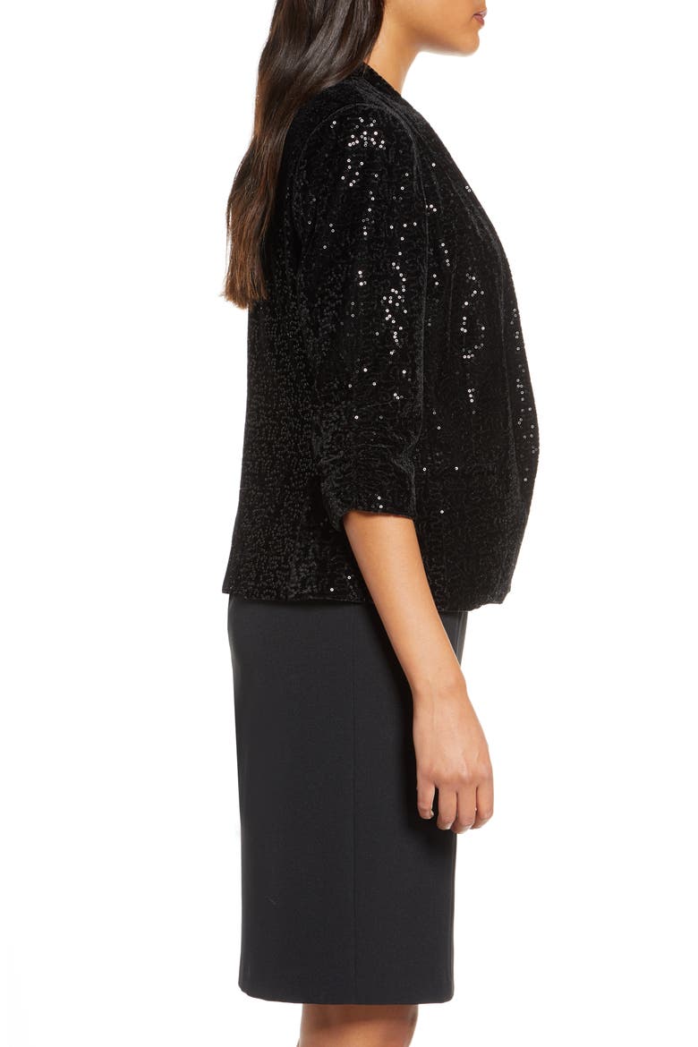 Sequin Ruched Sleeve Blazer, Alternate, color, BLACK
