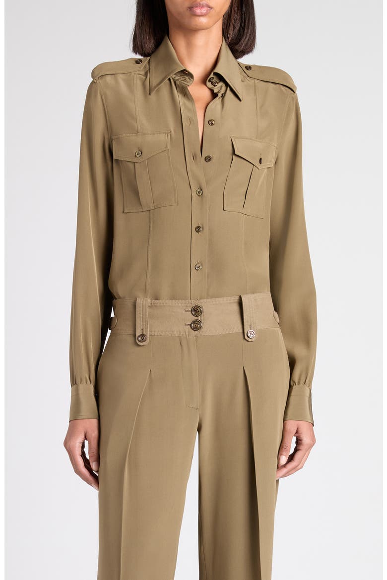 Silk crêpe de Chine Military Shirt, Main, color, FG501 KHAKI