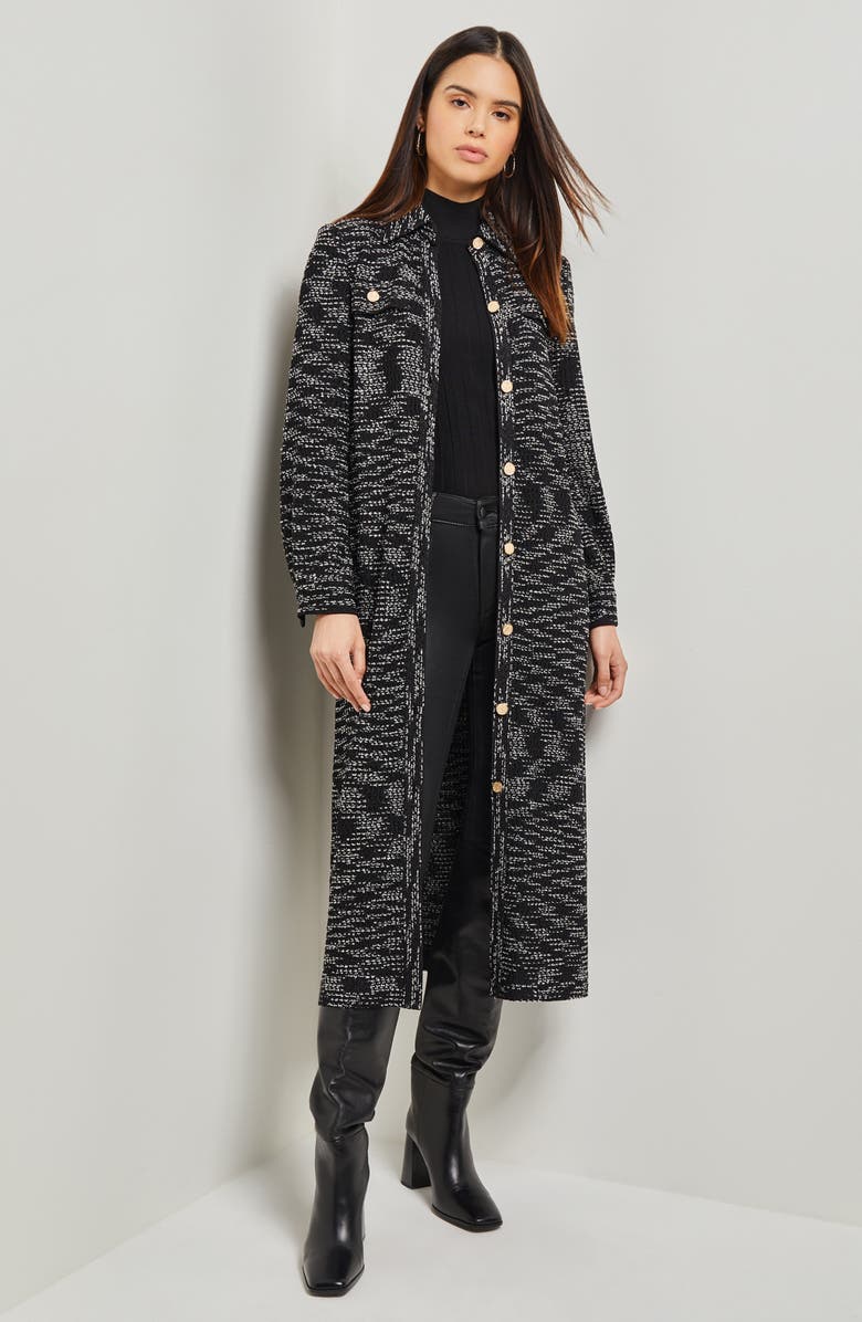 Misook Long Sleeve Belted Tweed Knit Shirtdress, Alternate, color, Black/New Ivory