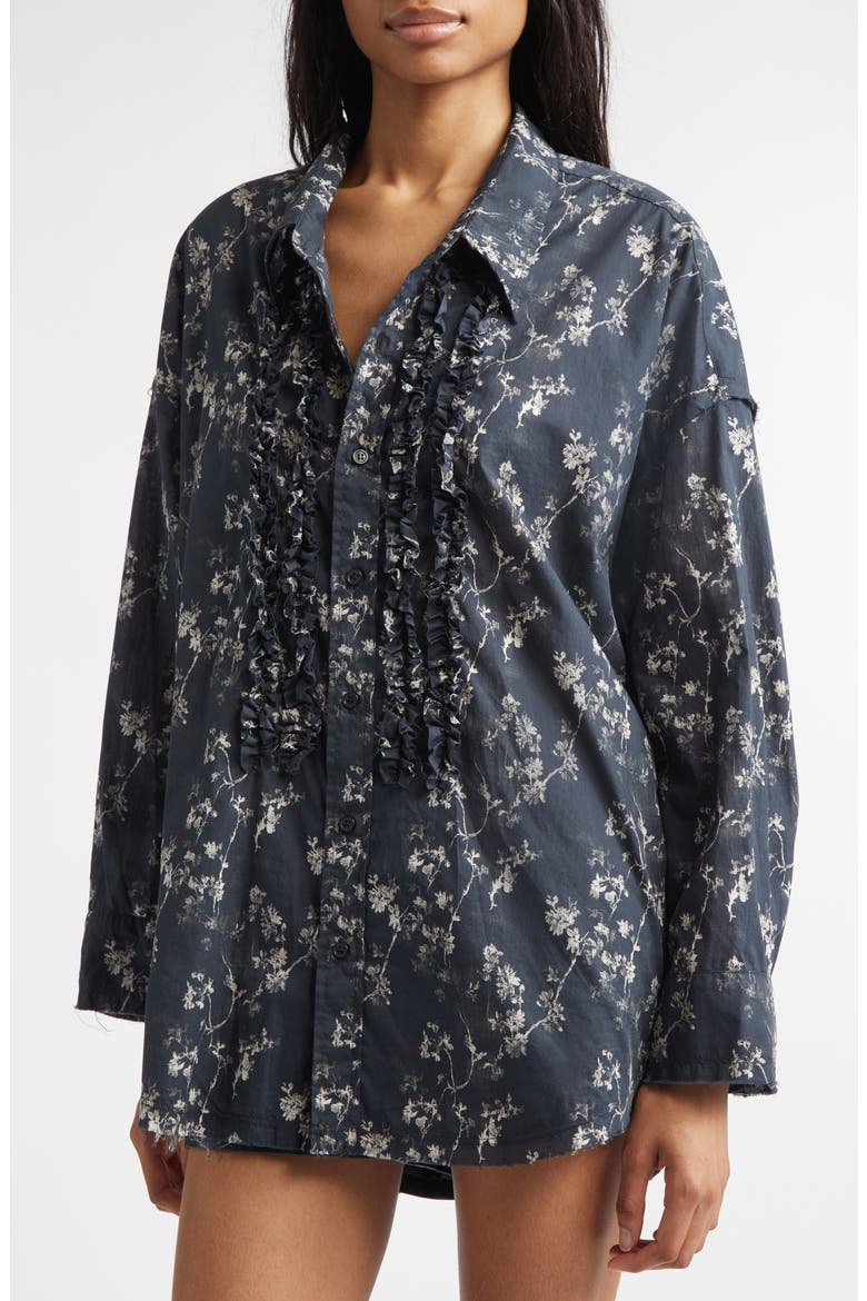 Floral Print Ruffle Cotton Button-Up Shirt, Alternate, color, FLORAL ON BLACK
