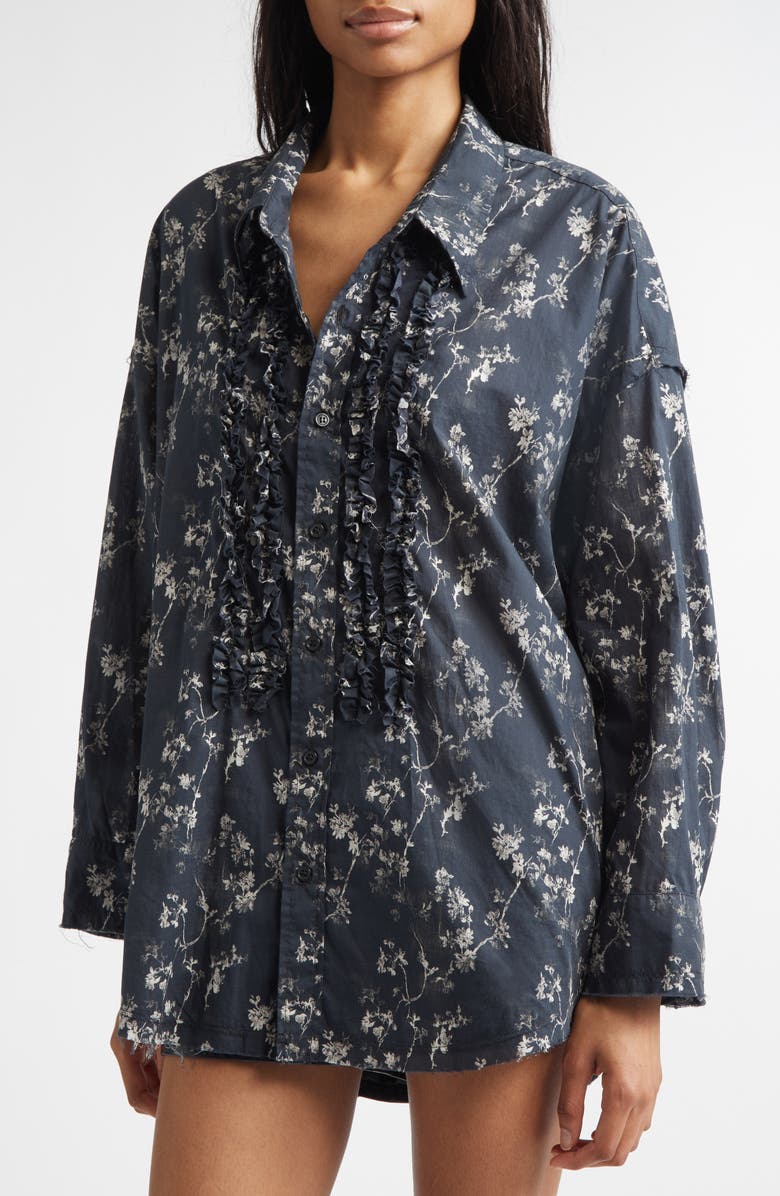R13 Floral Print Ruffle Cotton Button-Up Shirt, Alternate, color, Floral On Black