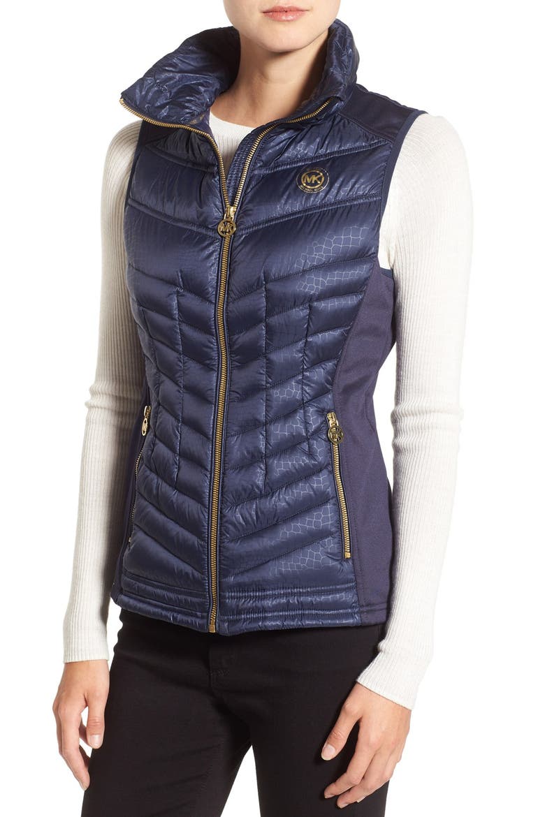 Embossed Mixed Media Down Vest with Detachable Faux Fur Trim Hood, Alternate, color, MIDNIGHT BLUE EMBOSS