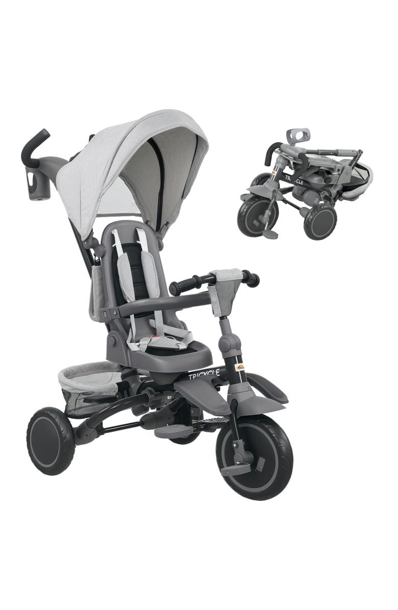 Qaba Kids Tricycle with Adjustable Push Handle and Removable Canopy, Alternate, color, Gray